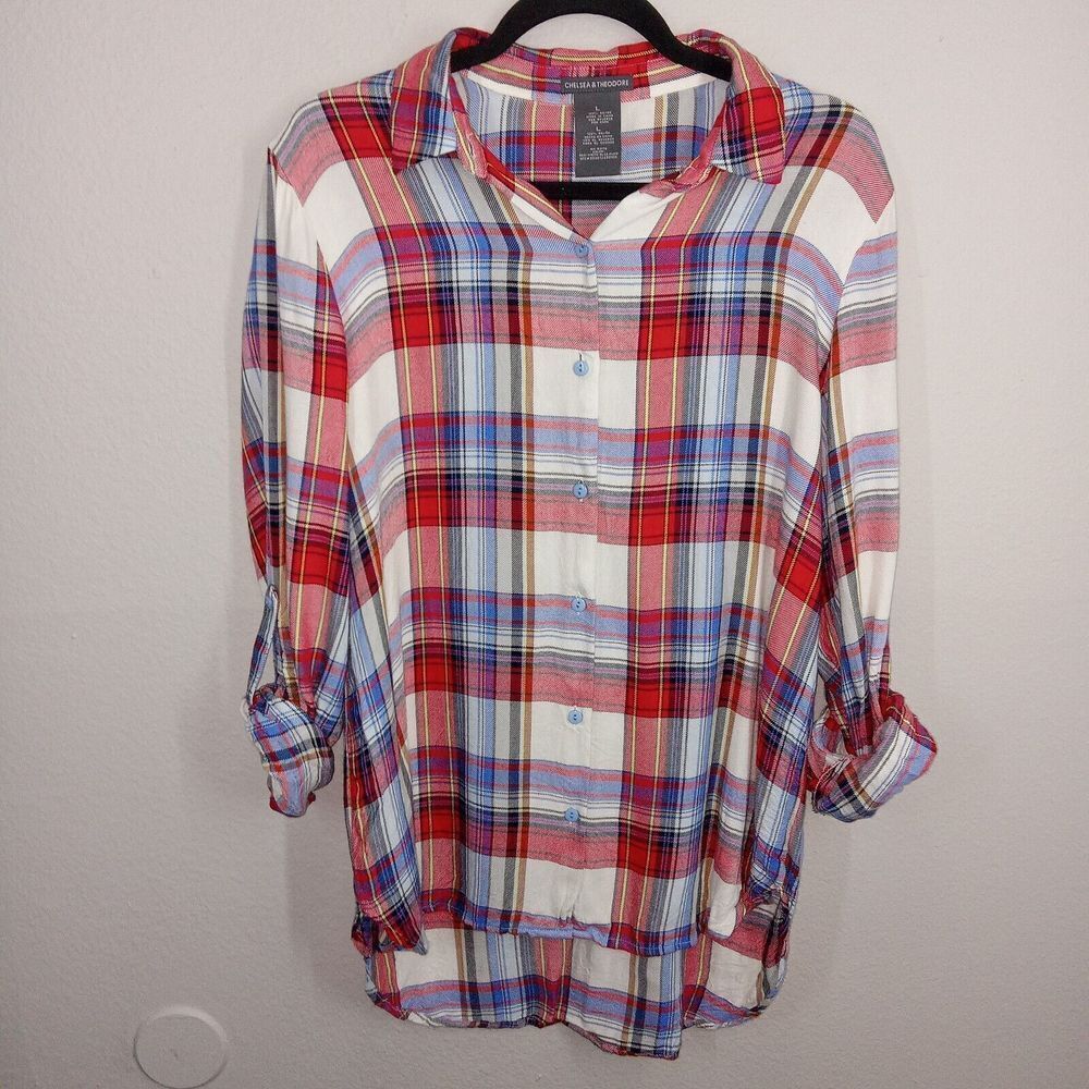 Chelsea And Theodore Womens Super Soft Plaid Flannel Button Front Shirt Large